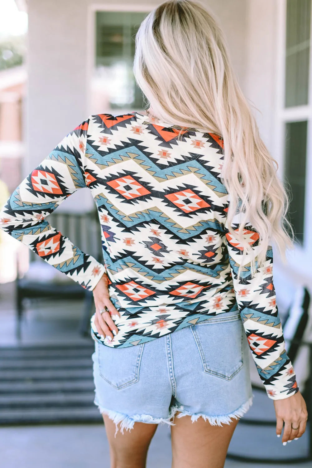 White Aztec Geometric Print Long Sleeve Henley Top - Chic Meadow Boutique 