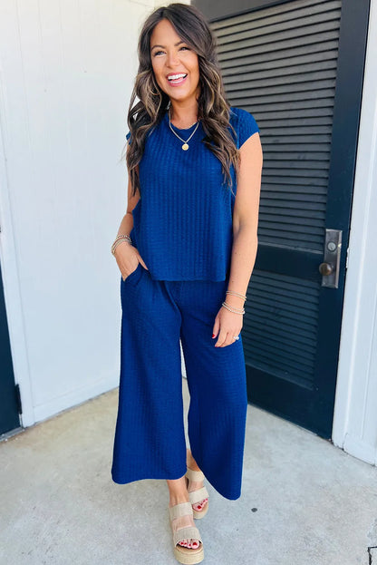 Sky Blue Textured Knit Cap Sleeve T Shirt and Wide Leg Pants Set - Chic Meadow Boutique 