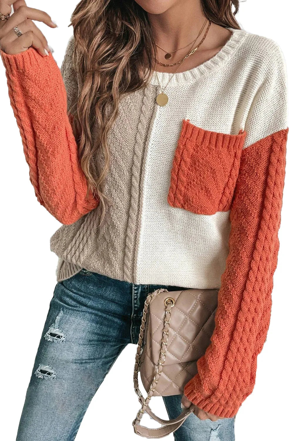 Gold Flame Colorblock Patched Pocket Drop Shoulder Sweater - Chic Meadow Boutique 