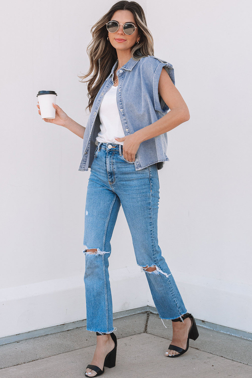 Dusk Blue Denim Pinup Folded Cap Sleeve Shirt