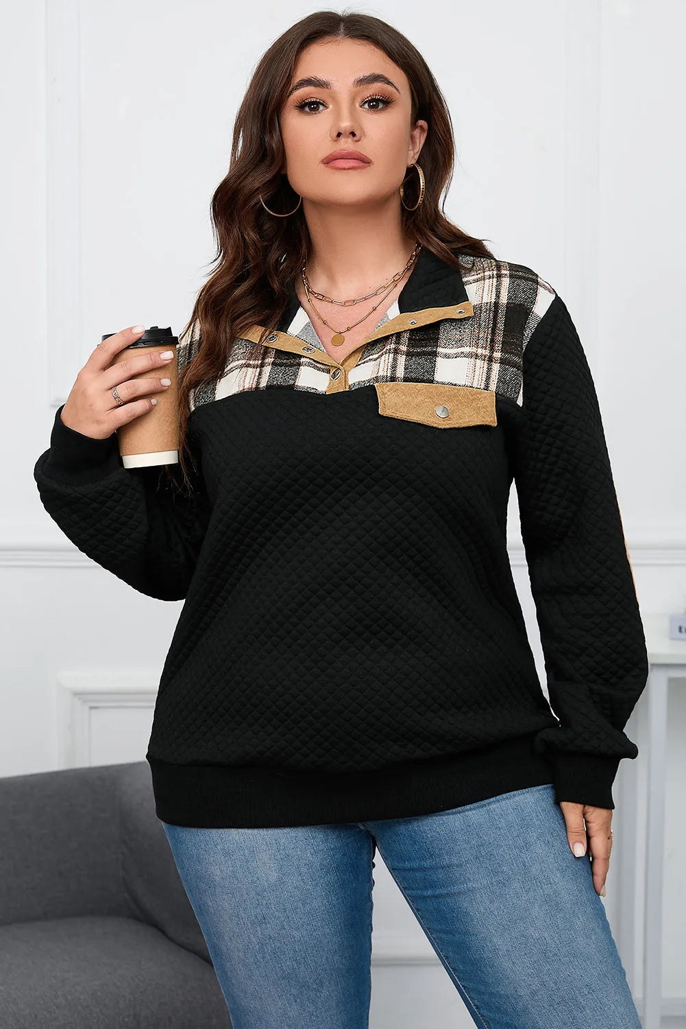 Black Plus Size Quilted Plaid Patch Henley Sweatshirt - Chic Meadow Boutique 