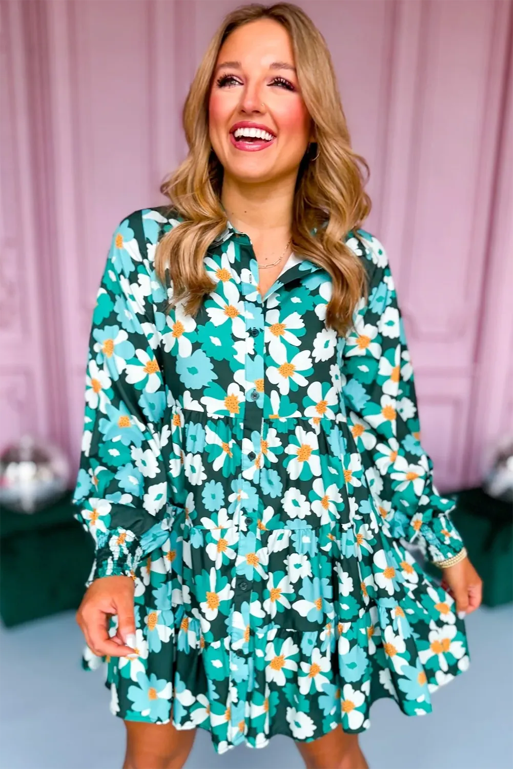 Green Floral Tiered Long Puff Sleeve Shirt Dress - Chic Meadow Boutique 