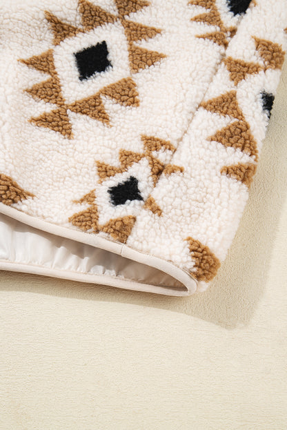 Khaki Aztec Print Sherpa Quarter Zip Collar Sweatshirt