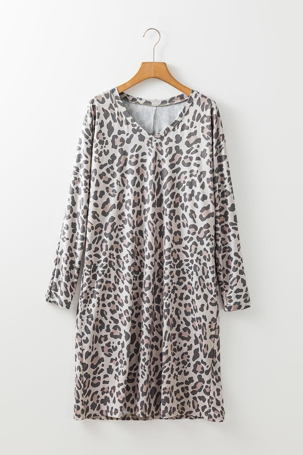 Dresses/Mini Dresses Gray Leopard Print V Neck Loose Fit Mini Dress