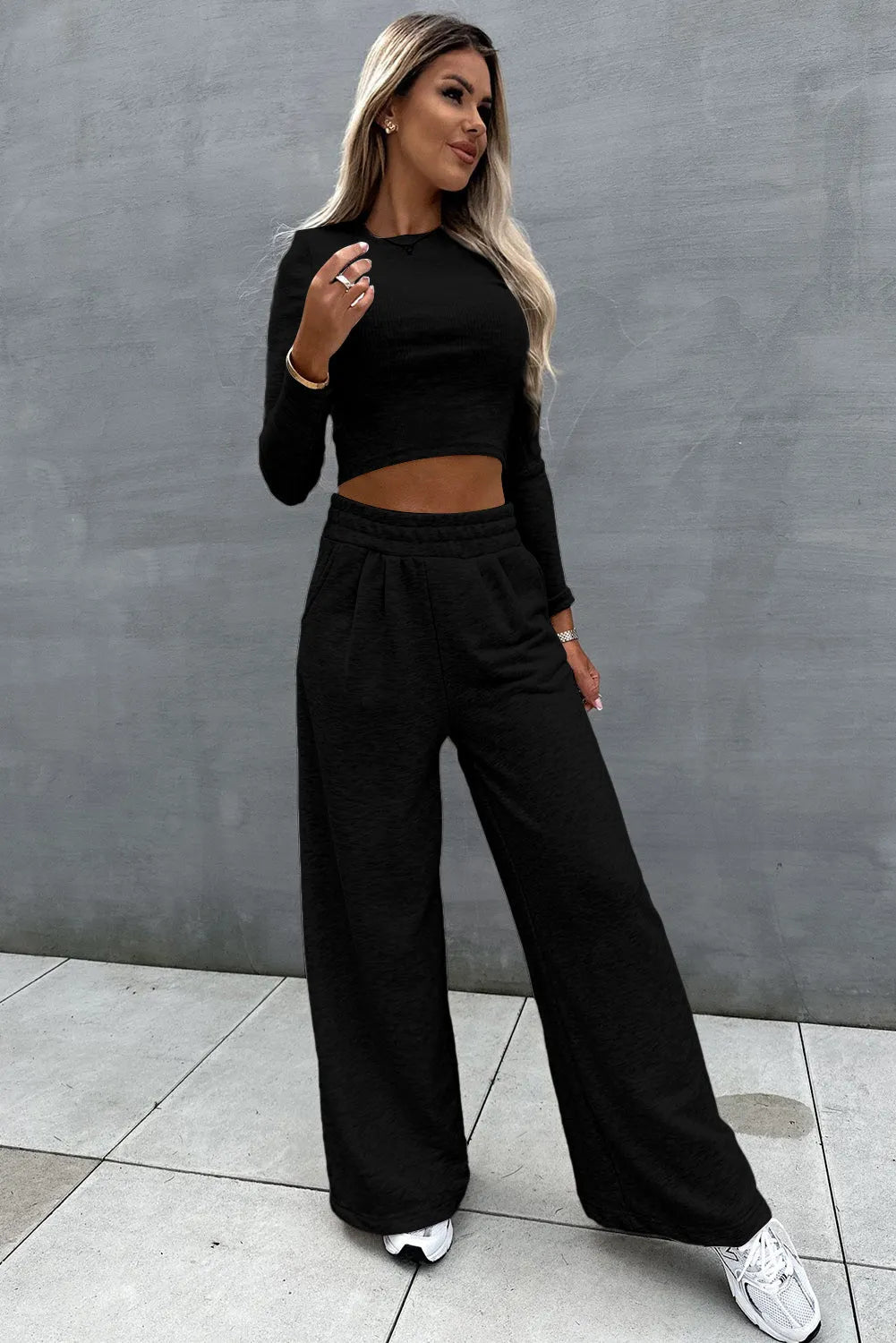 Black Crop Top and Wide Leg Pants Two Piece Set - Chic Meadow Boutique 