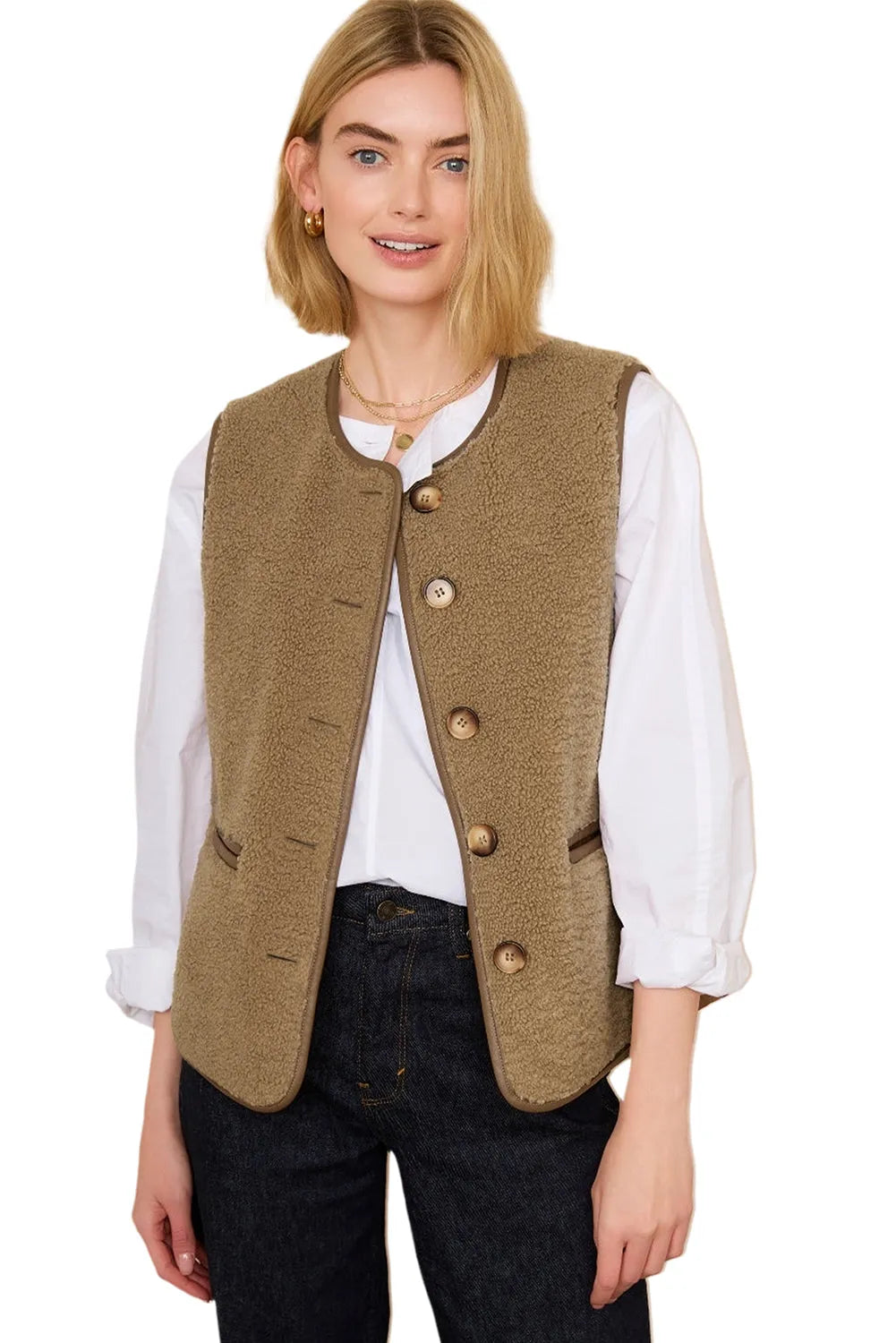 Camel Leather Contrast Side Pockets Buttoned Fleece Vest - Chic Meadow Boutique 