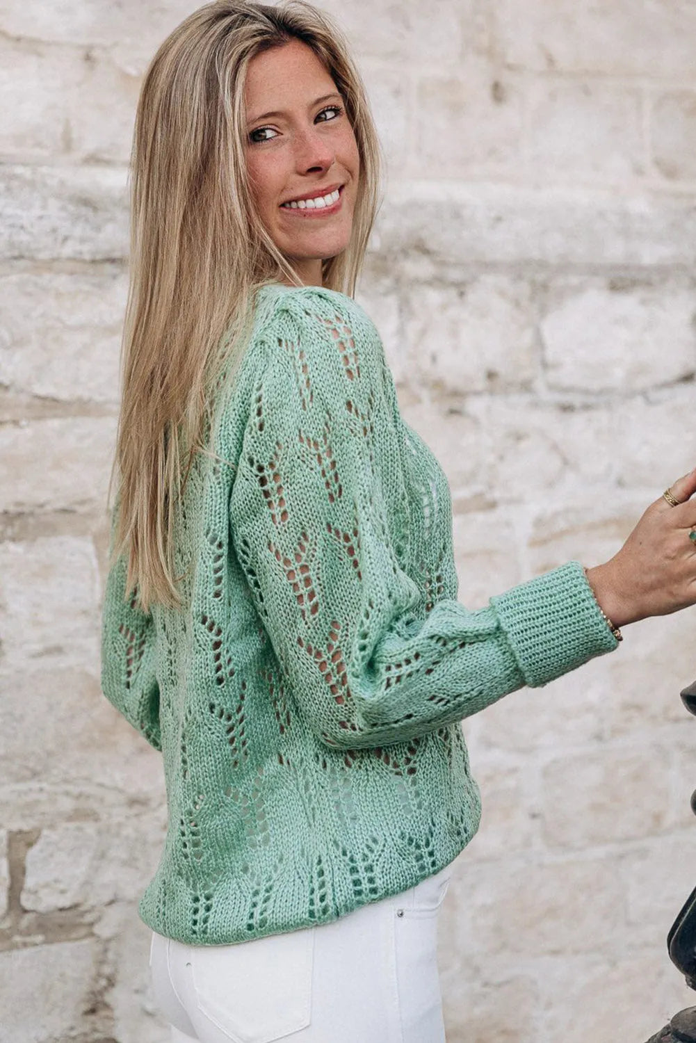 Green Sheer Knitted Pointelle Sweater - Chic Meadow Boutique 