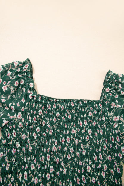 Green Smocked Square Neck Puff Short Sleeve Floral Dress