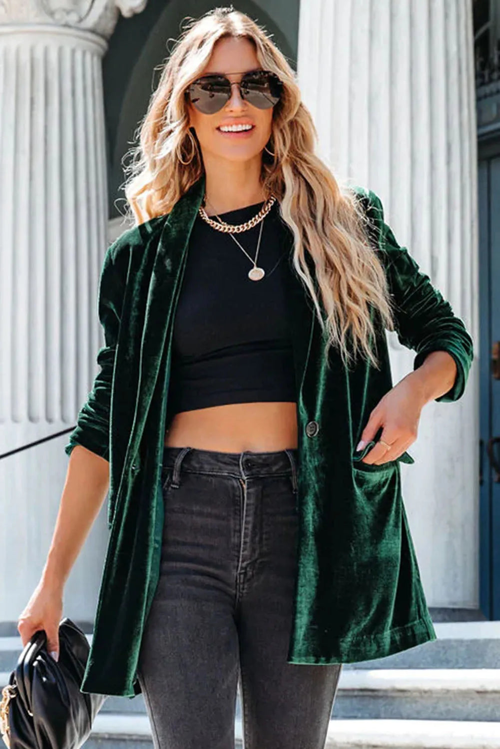 Green Casual Pocketed Velvet Blazer - Chic Meadow Boutique 