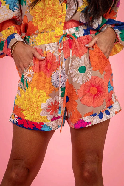 Two Piece Sets/Short Sets Orange Floral Printed Shirt Two Piece Drawstring Shorts Set