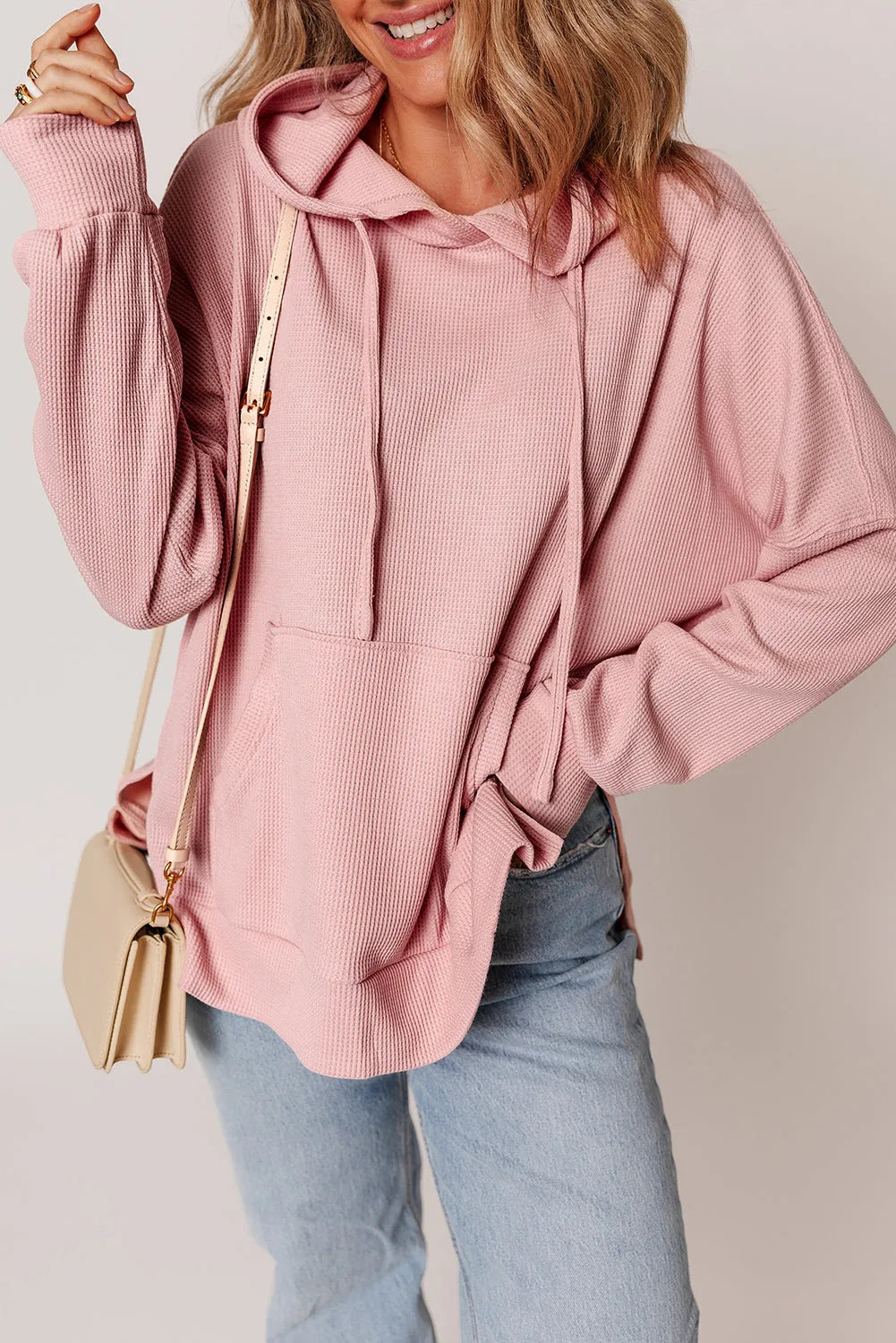 Light Pink Waffle Knit Fleece Lined High Low Oversized Hoodie - Chic Meadow Boutique 