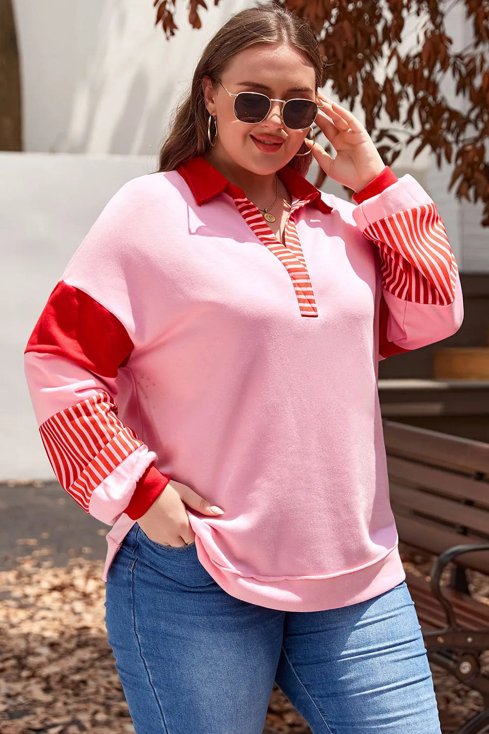 Rose Striped Patchwork Side Split Collared Plus Size Sweatshirt - Chic Meadow Boutique 