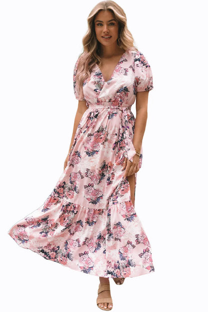 Pink Floral Puff Sleeve High Waist Maxi Dress - Chic Meadow Boutique 