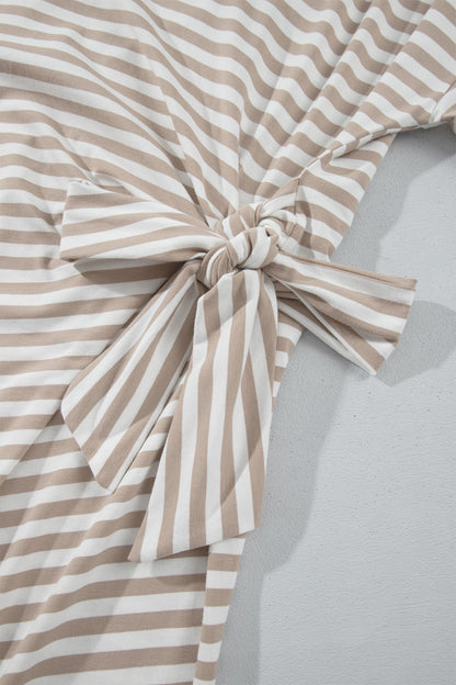 Khaki Stripe Striped Colorblock Cuffs Round Neck Long Sleeve Shift Dress