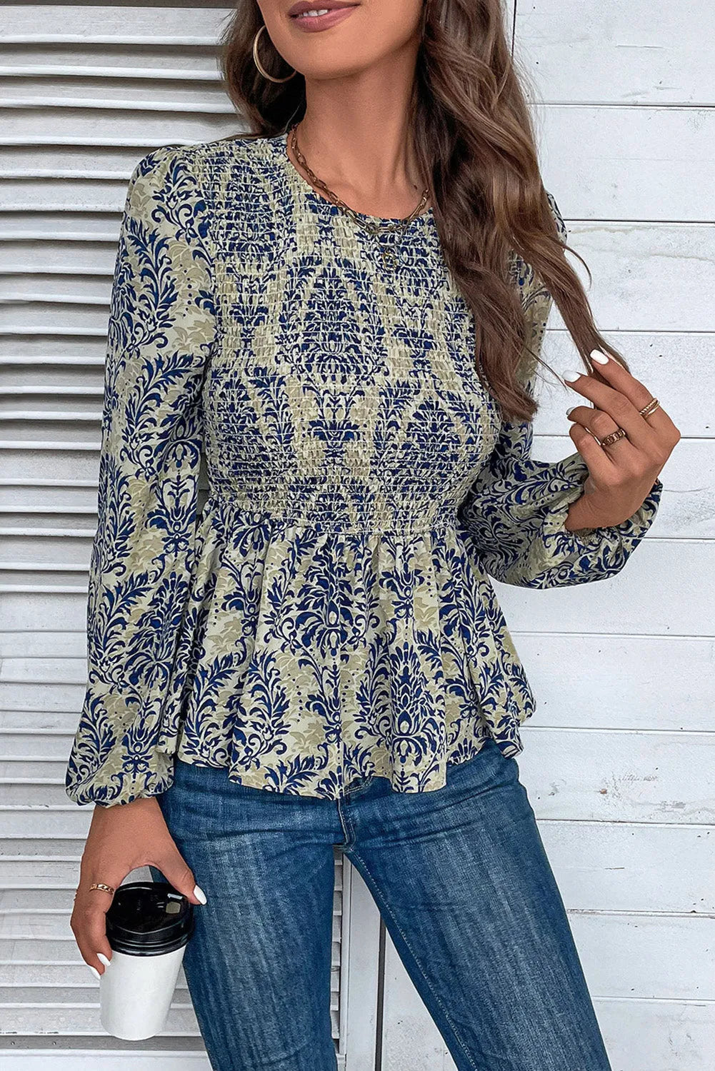 Sky Blue Boho Printed Balloon Sleeve Smocked Peplum Blouse - Chic Meadow Boutique 