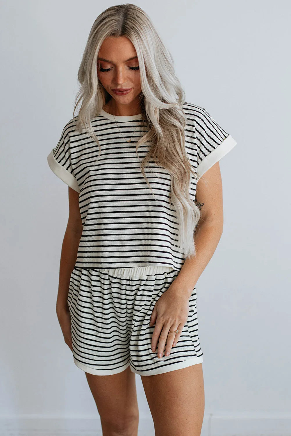 White Stripe Contrast Edge Tee and Shorts Set - Chic Meadow Boutique 