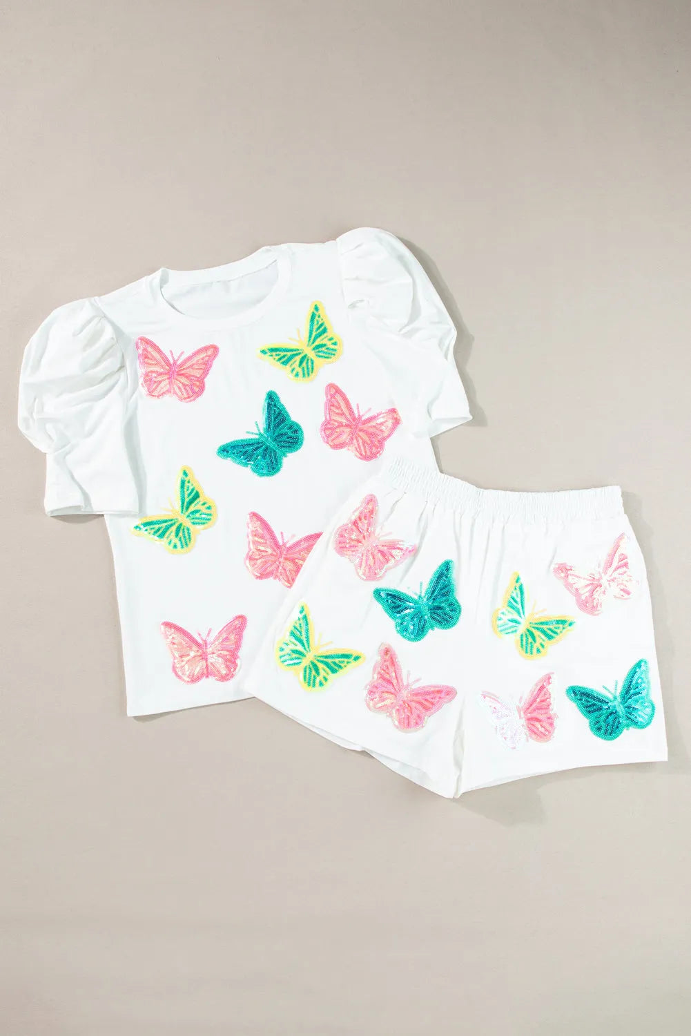 White Colorful Sequin Butterfly Puff Sleeve Top Shorts Set - Chic Meadow Boutique 