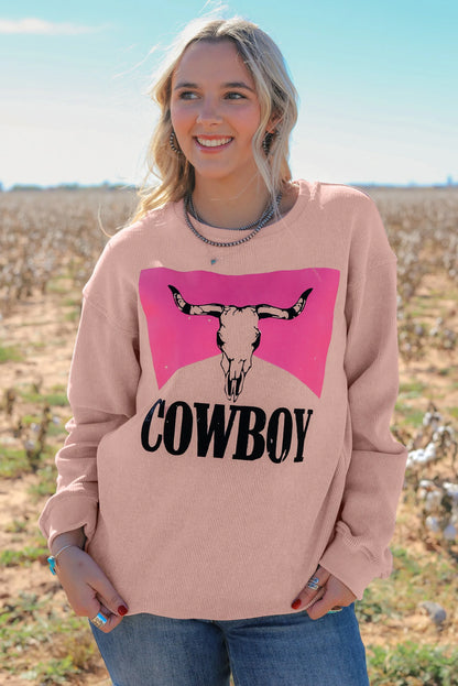 Pink Steer Head Cowboy Print Corded Pullover Sweatshirt - Chic Meadow Boutique 