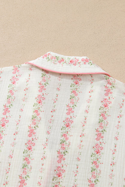 Pink Floral Print Long Sleeve Button Front Shirt Pajama Pant Set