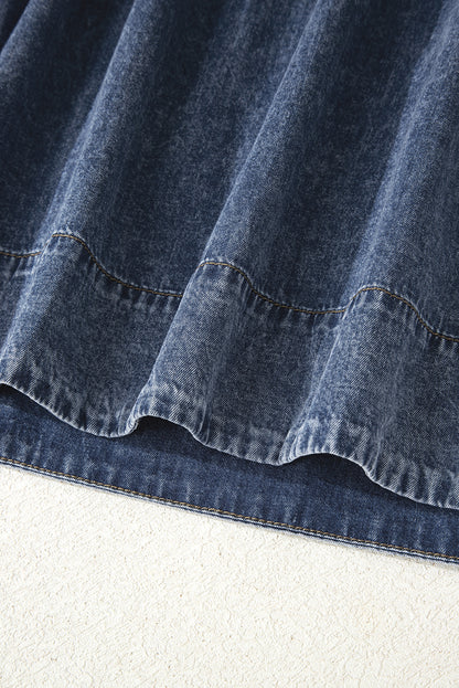 Sail Blue 3/4 Sleeve Tied V Neck Pleated Denim Mini Dress