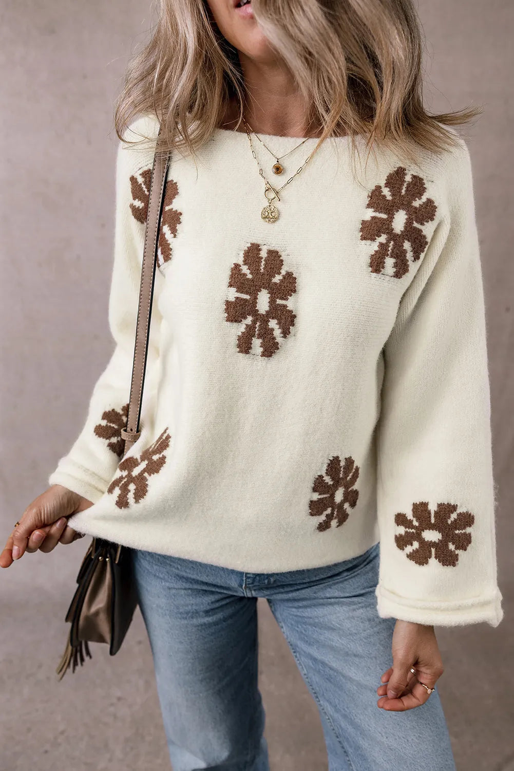 White Colorblock Floral Pattern Round Neck Sweater - Chic Meadow Boutique 