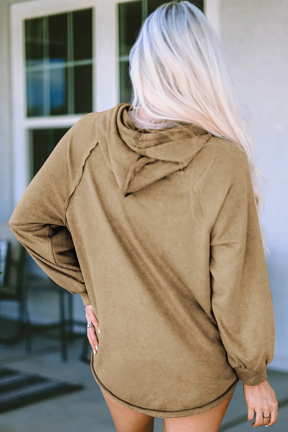 Khaki Waffled Expose Seam Drawstring Hoodie - Chic Meadow Boutique 