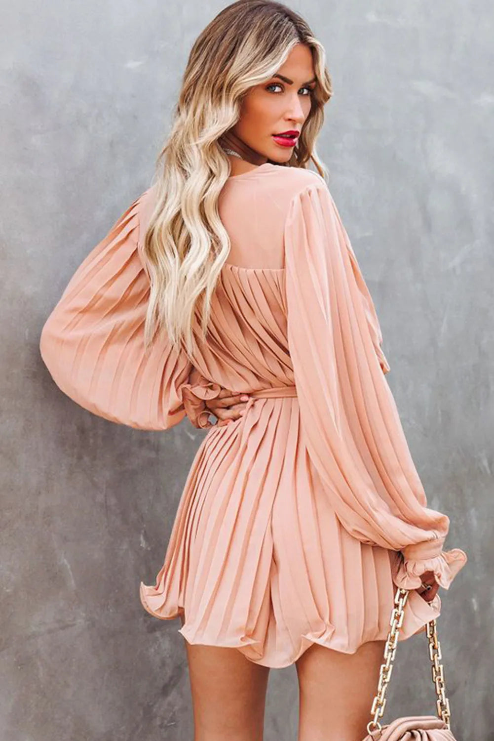 Pink Pleated Ruffled Tie Waist Buttons V Neck Romper - Chic Meadow Boutique 