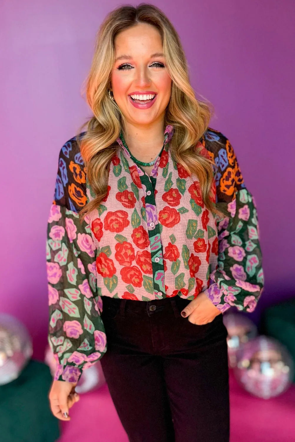 Red Colorblock Floral Printed Puff Sleeve Shirt - Chic Meadow Boutique 