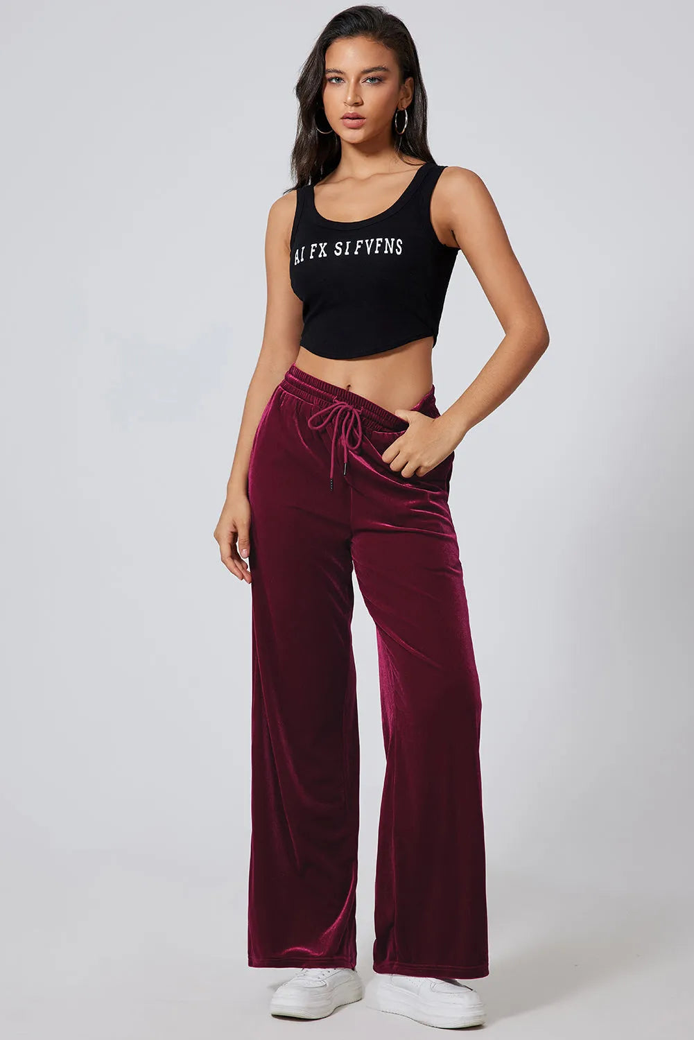 Burgundy Solid Drawstring Waist Wide Leg Pants - Chic Meadow Boutique 