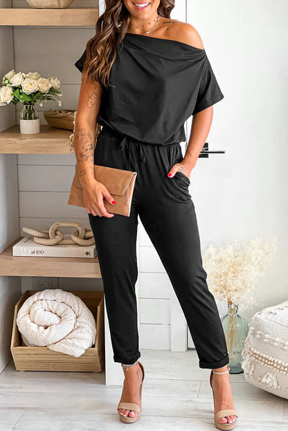 Black Tie Waist Short Sleeve Tapered Jumpsuit - Chic Meadow Boutique 