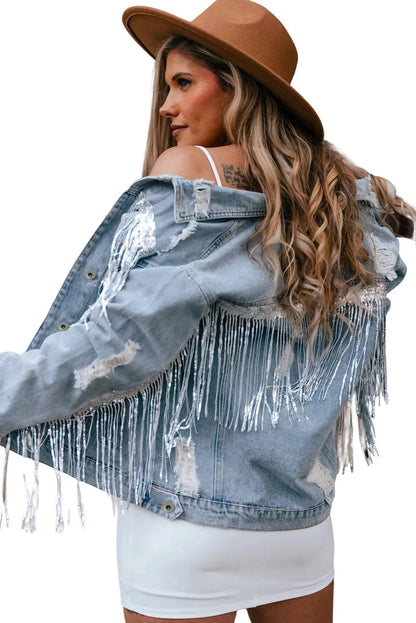 Sky Blue Sequin Embellished Fringe Distressed Denim Jacket - Chic Meadow Boutique 