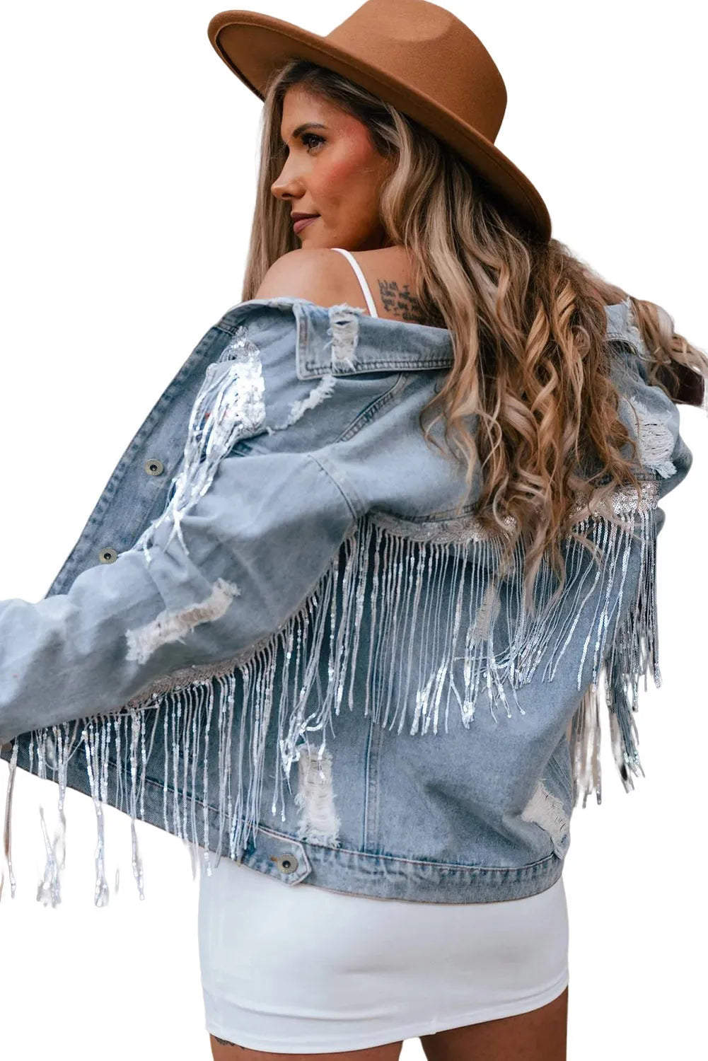 Sky Blue Sequin Embellished Fringe Distressed Denim Jacket - Chic Meadow Boutique 