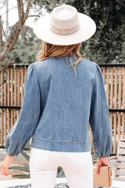 Dusk Blue Tied Front Long Puff Sleeve Denim Top