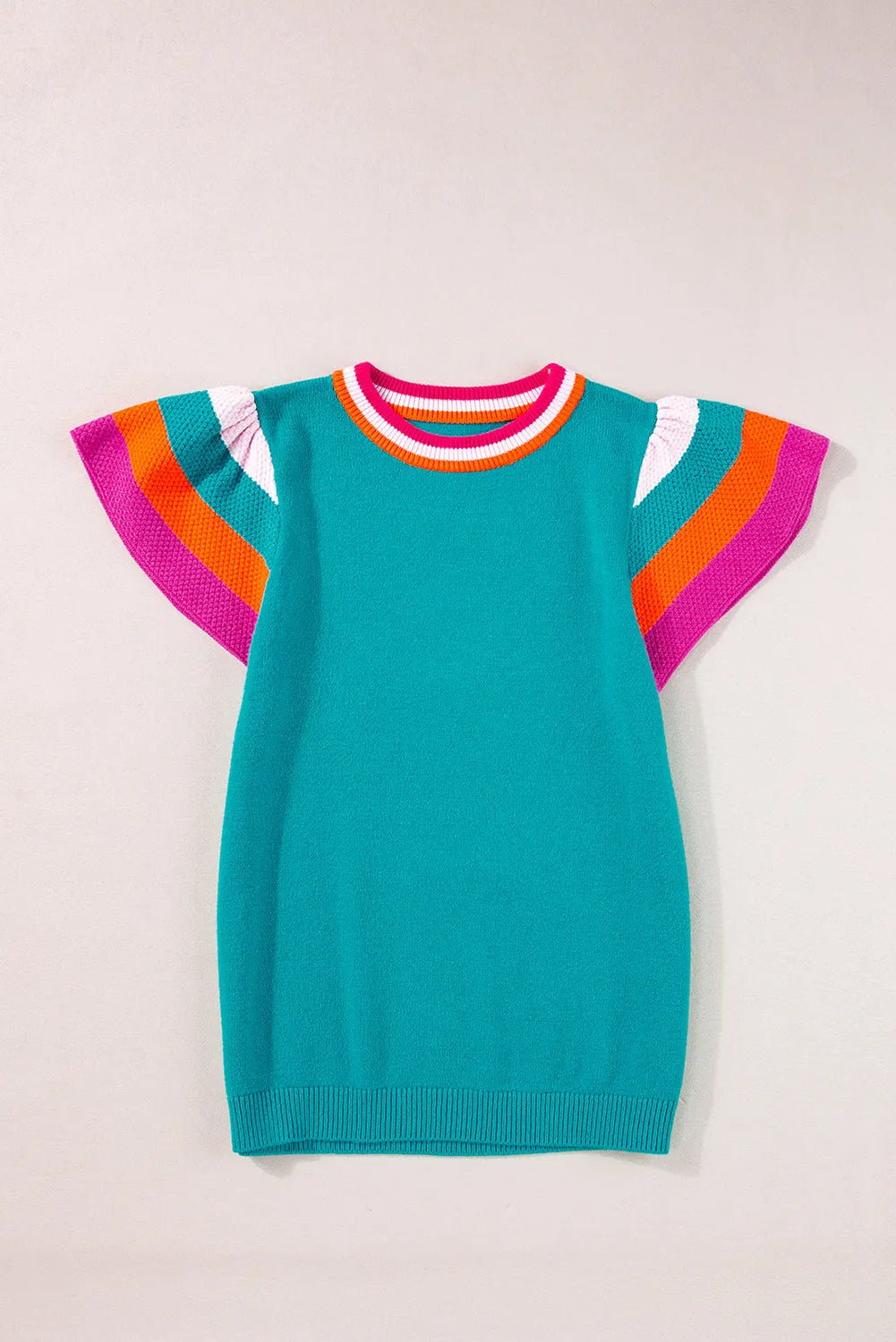 Turquoise Contrast Flutter Sleeves Knitted Sweater T Shirt - Chic Meadow Boutique 