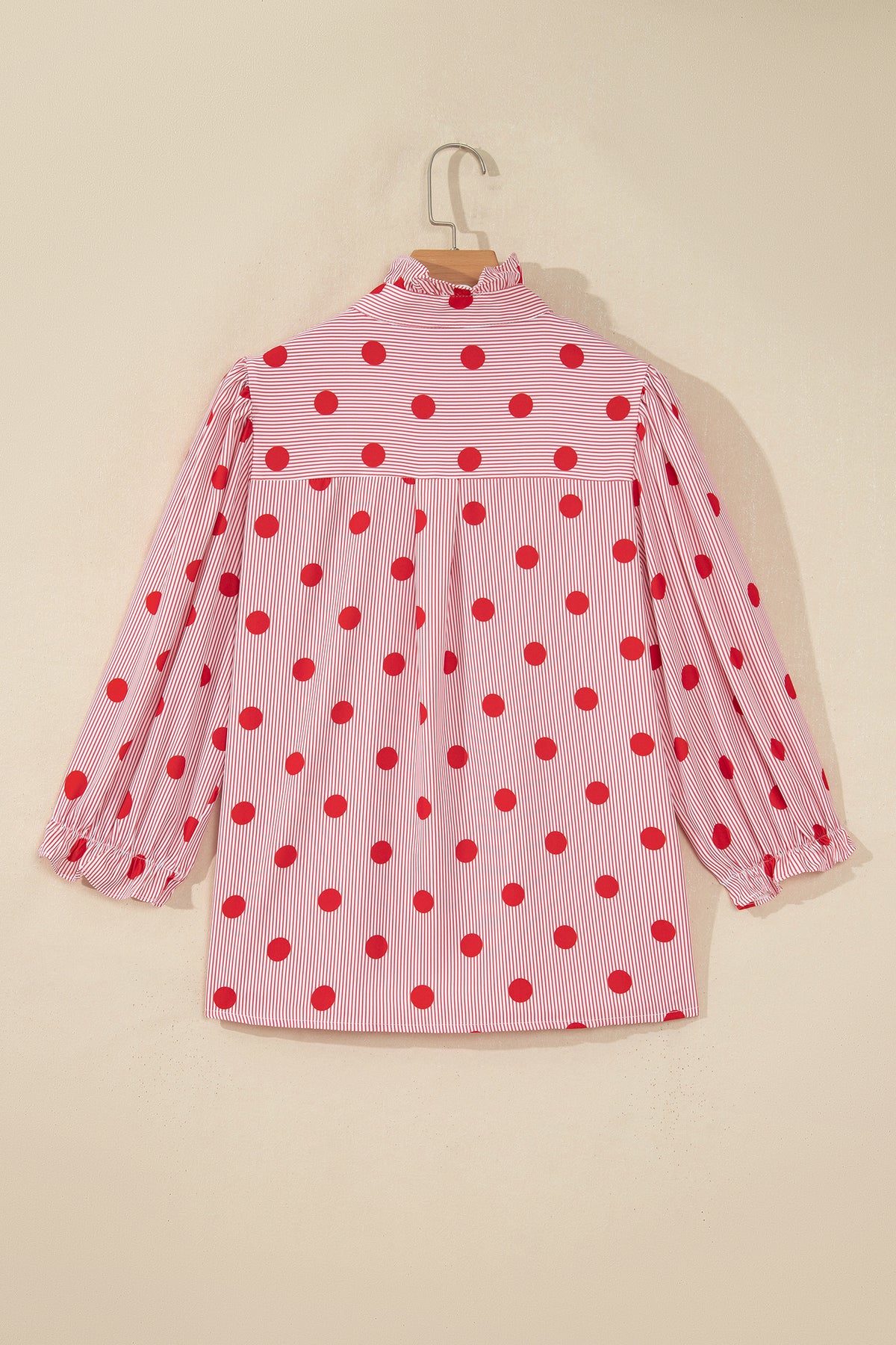Fiery Red Polka Dot Striped Print Ruffle Stand Neck 3/4 Sleeve Shift Shirt