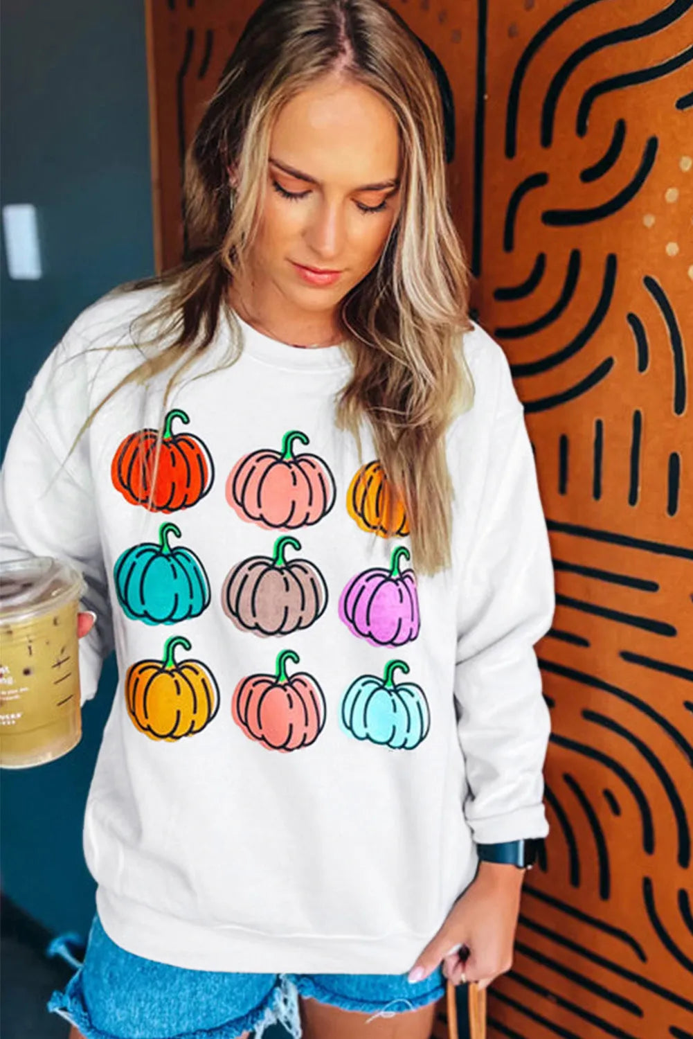 Beige Vibrant Pumpkins Print Crew Neck Halloween Sweatshirt - Chic Meadow Boutique 