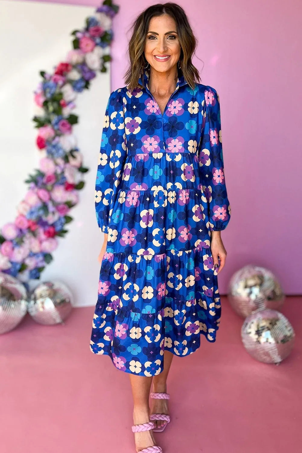 Blue Floral Peasant Sleeve Tiered Ruffle Midi Dress - Chic Meadow Boutique 