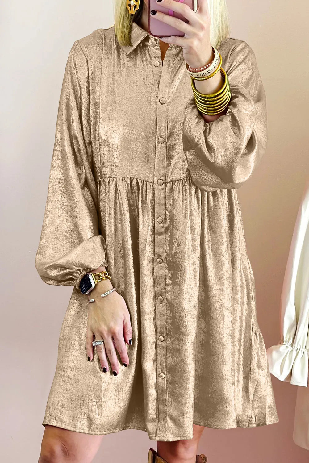 Apricot Metallic Sheen Puff Sleeve Button Up Mini Shirt Dress - Chic Meadow Boutique 