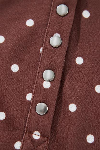 Brown Polka Dot Print Metal Button Collar Casual Pullover Sweatshirt