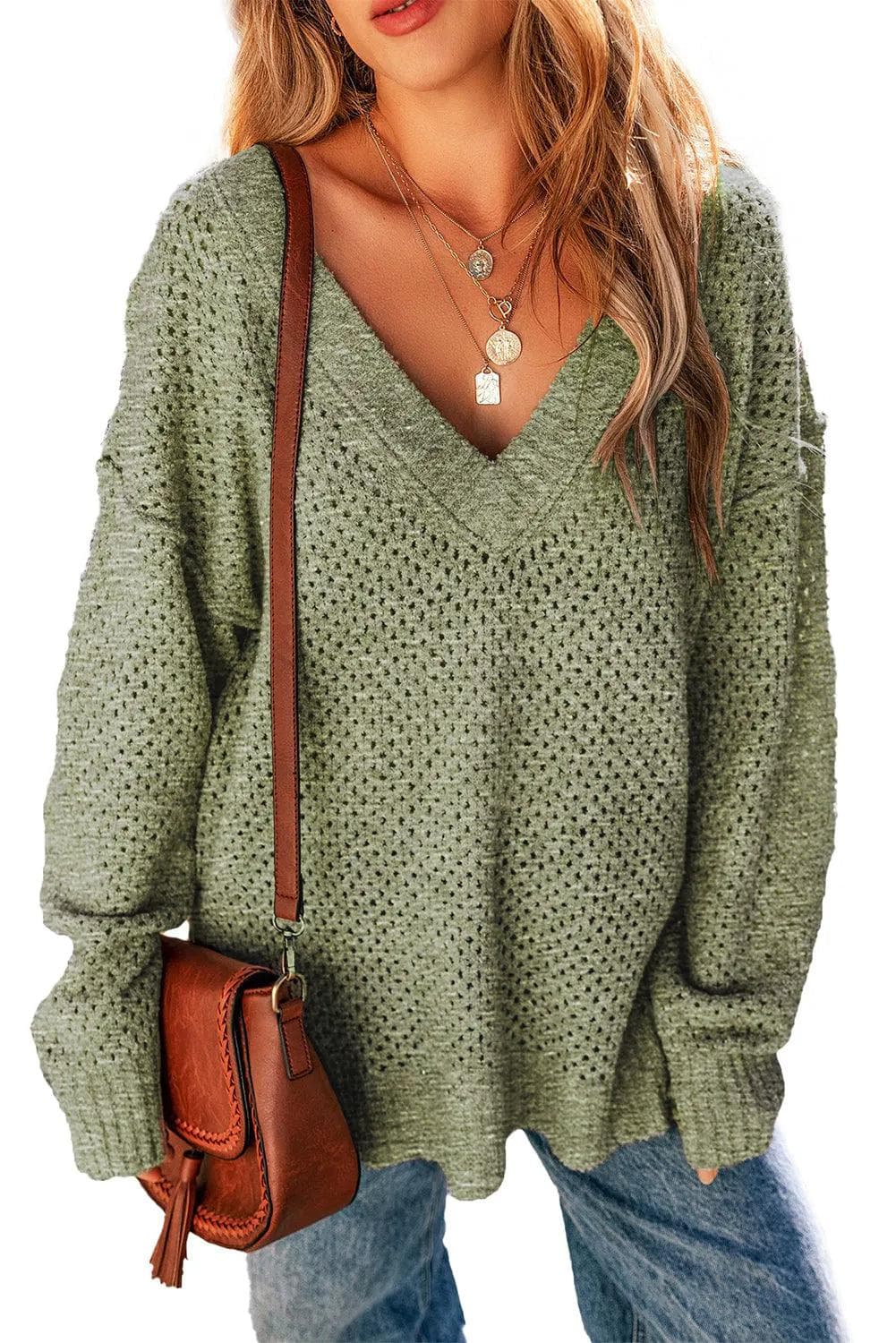 Sweaters & Cardigans/Sweaters Jungle Green Loose Eyelet V Neck Drop Shoulder Sweater