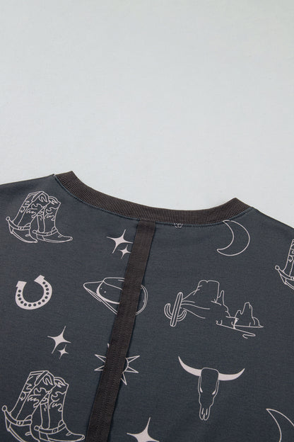 Gray Western Print Crew Neck Sweatshirt