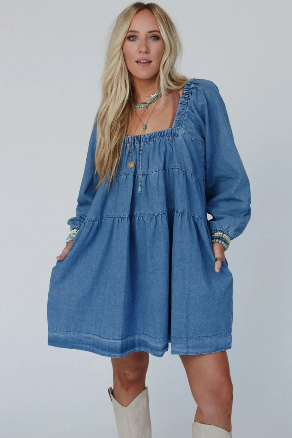 Dusk Blue Square Neck Side Pockets Loose Fit Denim Mini Dress - Chic Meadow Boutique 