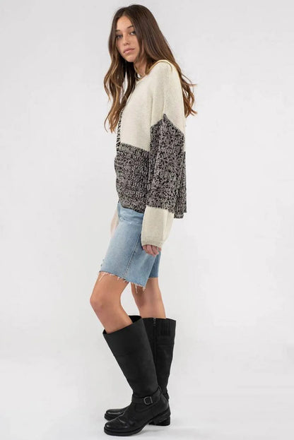 Black Neutral Colorblock Tie Back Sweater - Chic Meadow Boutique 