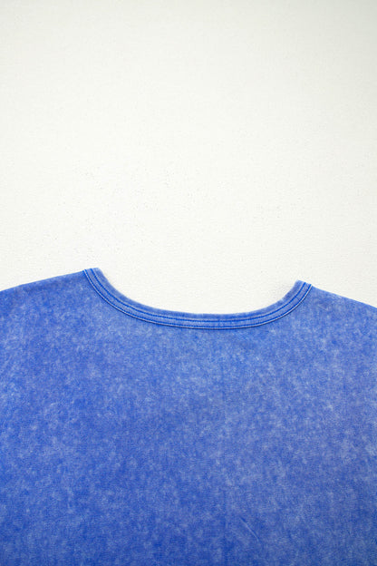 Sky Blue Mineral Wash Raw Seam Lace Sleeve Cotton Tee