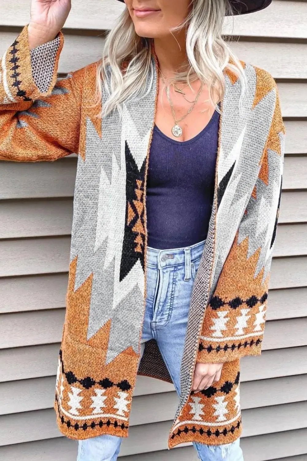 Gold Flame Aztec Graphic Open-Front Cardigan - Chic Meadow Boutique 