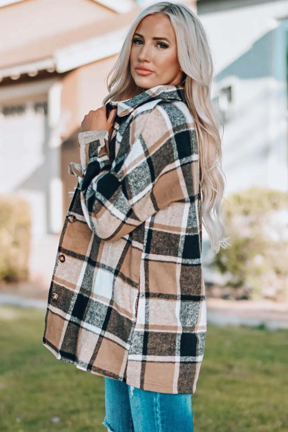 Plaid Print Buttoned Shirt Jacket - Chic Meadow Boutique 