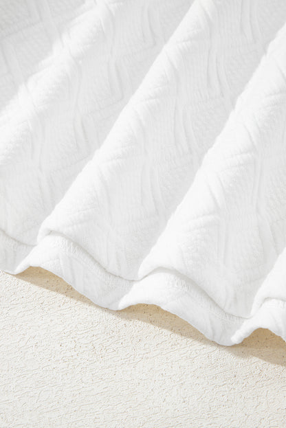 White Textured Jacquard Colorblock Edge Puff Sleeve Quarter Zip Mini Dress