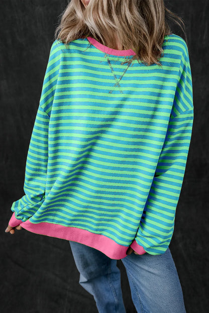 Sky Blue Stripe Oversized Contrast Trim Pullover Sweatshirt - Chic Meadow Boutique 