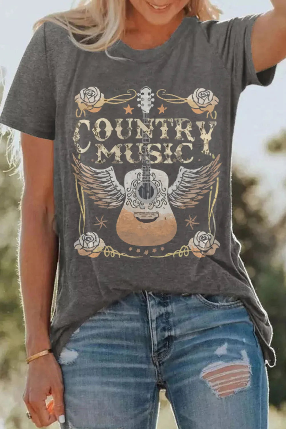 Gray COUNTRY MUSIC Guitar Graphic Print Crew Neck T Shirt - Chic Meadow Boutique 