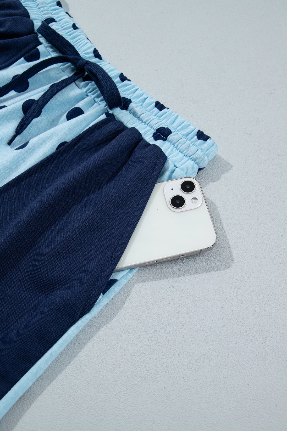 Sky Blue Polka Dot Drop Shoulder Polo Loose Pullover Patch Pocket Casual Shorts Set